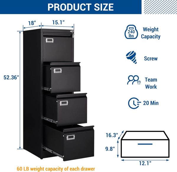 4 Drawers Vertical File Cabinets - Lateral Filing Cabinets - Metal Steel Lockable Storage Cabinets for Home Office to Hanging Files Letter/Legal/F4/A4 Size - Image 3