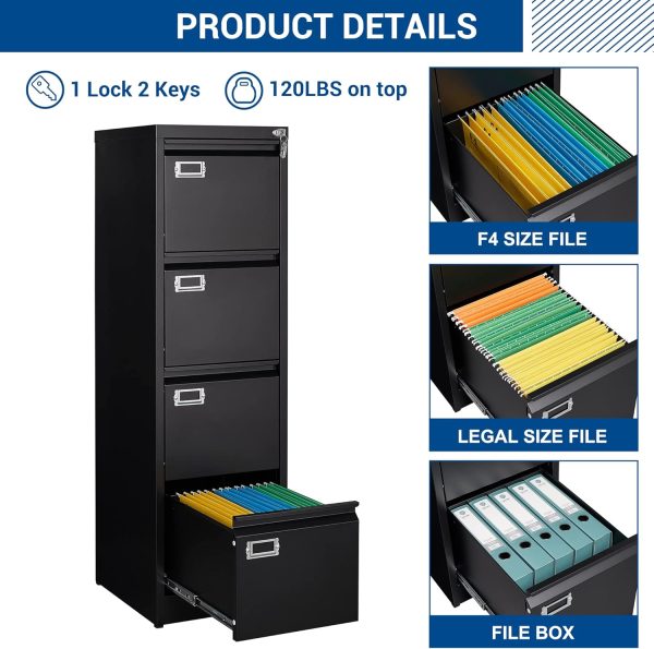4 Drawers Vertical File Cabinets - Lateral Filing Cabinets - Metal Steel Lockable Storage Cabinets for Home Office to Hanging Files Letter/Legal/F4/A4 Size - Image 9