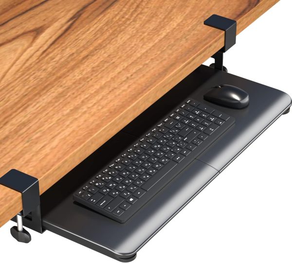 Keyboard Tray Under Desk, Pull Out Keyboard & Mouse Tray with C-clamp, 25.6 Excluding Clamps (30 Including Clamps) x 11.8 Inch Steady Slide-Out Computer Drawer for Typing, Black