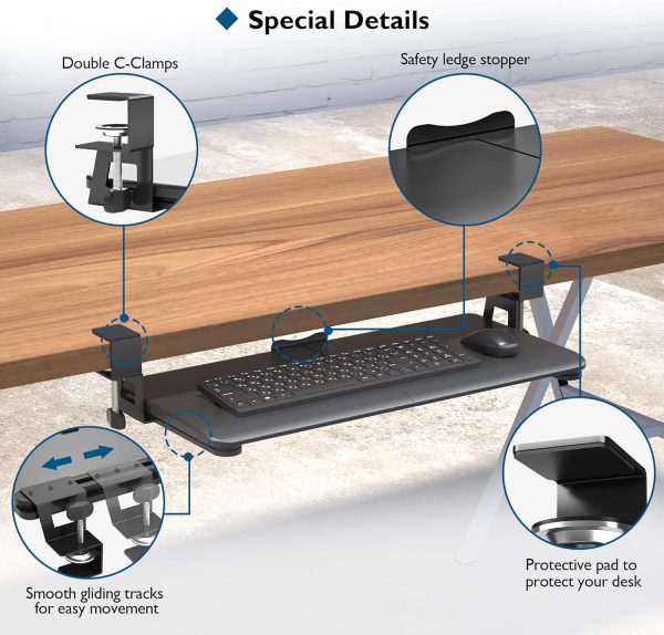 Keyboard Tray Under Desk, Pull Out Keyboard & Mouse Tray with C-clamp, 25.6 Excluding Clamps (30 Including Clamps) x 11.8 Inch Steady Slide-Out Computer Drawer for Typing, Black - Image 7