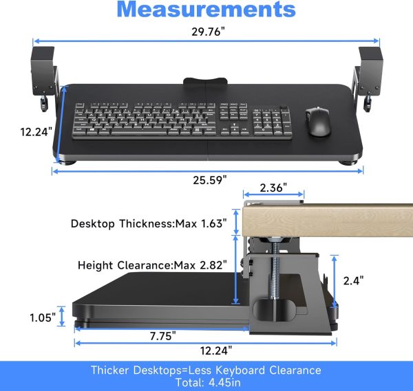 Keyboard Tray Under Desk Large C-Clamp 25.6” (30” Including Clamps) x 11.8” Slide-Out Platform Computer Drawer Pull Out Keyboard & Mouse Tray Black DSF4 - Image 2