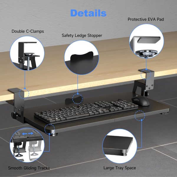 Keyboard Tray Under Desk Large C-Clamp 25.6” (30” Including Clamps) x 11.8” Slide-Out Platform Computer Drawer Pull Out Keyboard & Mouse Tray Black DSF4 - Image 5