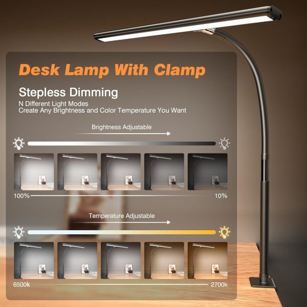 LED Desk Lamp for Office Home, Eye-Caring Desk Light with Stepless Dimming Adjustable Flexible Gooseneck, 10W USB Adapter Desk Lamp with Clamp for Reading, Study, Workbench (Black) - Image 2
