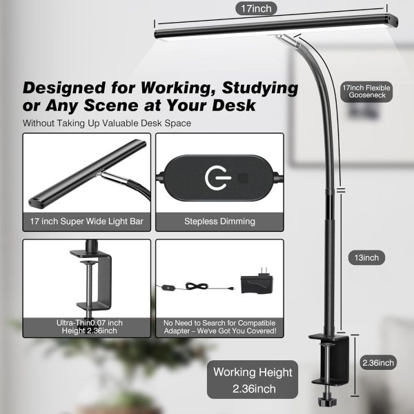LED Desk Lamp for Office Home, Eye-Caring Desk Light with Stepless Dimming Adjustable Flexible Gooseneck, 10W USB Adapter Desk Lamp with Clamp for Reading, Study, Workbench (Black) - Image 3