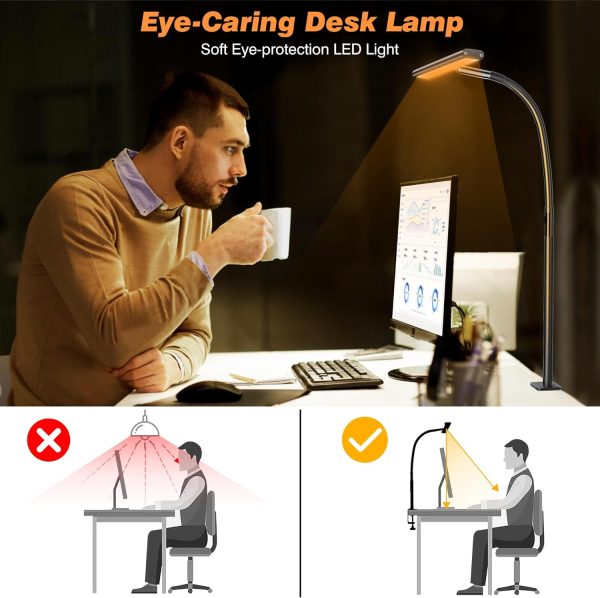 LED Desk Lamp for Office Home, Eye-Caring Desk Light with Stepless Dimming Adjustable Flexible Gooseneck, 10W USB Adapter Desk Lamp with Clamp for Reading, Study, Workbench (Black) - Image 6