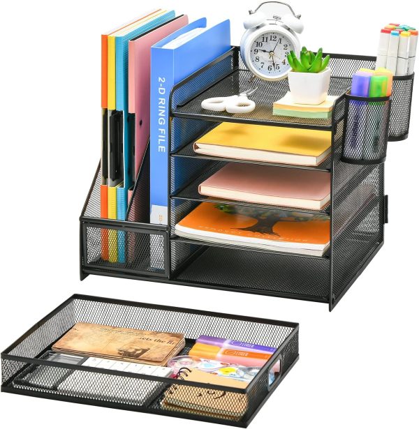 Marbrasse Desk Organizer with File Holder, 5-Tier Paper Letter Tray Organizer with Drawer and 2 Pen Holder, Mesh Desktop Organizer and Storage with Magazine Holder for Office Supplies(Black) - Image 2