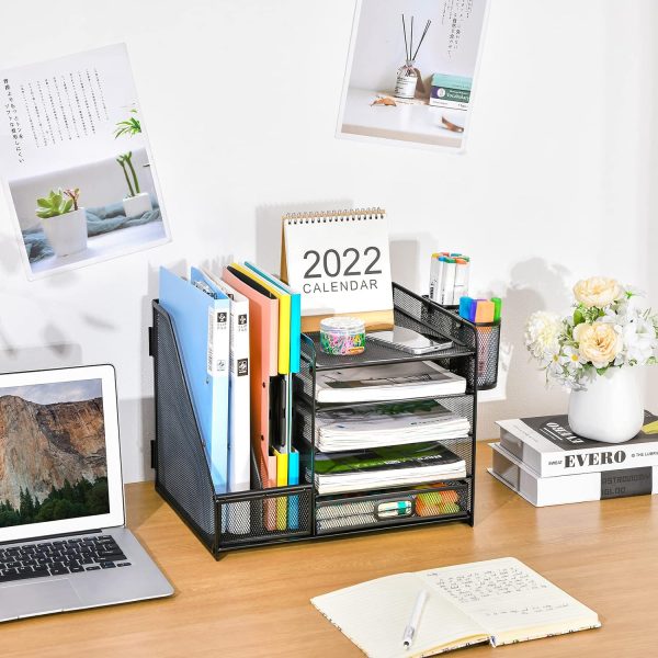 Marbrasse Desk Organizer with File Holder, 5-Tier Paper Letter Tray Organizer with Drawer and 2 Pen Holder, Mesh Desktop Organizer and Storage with Magazine Holder for Office Supplies(Black) - Image 3