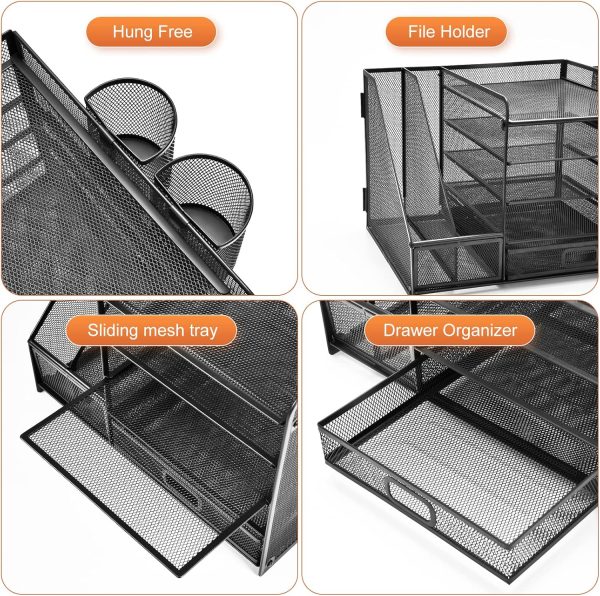 Marbrasse Desk Organizer with File Holder, 5-Tier Paper Letter Tray Organizer with Drawer and 2 Pen Holder, Mesh Desktop Organizer and Storage with Magazine Holder for Office Supplies(Black) - Image 4
