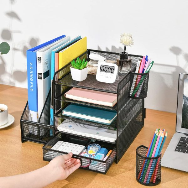 Marbrasse Desk Organizer with File Holder, 5-Tier Paper Letter Tray Organizer with Drawer and 2 Pen Holder, Mesh Desktop Organizer and Storage with Magazine Holder for Office Supplies(Black) - Image 5