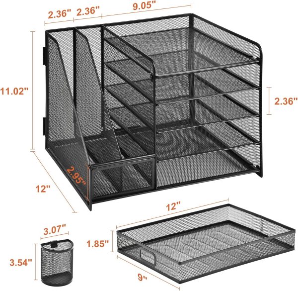 Marbrasse Desk Organizer with File Holder, 5-Tier Paper Letter Tray Organizer with Drawer and 2 Pen Holder, Mesh Desktop Organizer and Storage with Magazine Holder for Office Supplies(Black) - Image 6