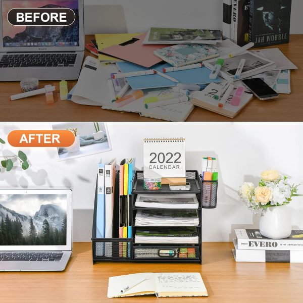 Marbrasse Desk Organizer with File Holder, 5-Tier Paper Letter Tray Organizer with Drawer and 2 Pen Holder, Mesh Desktop Organizer and Storage with Magazine Holder for Office Supplies(Black) - Image 7