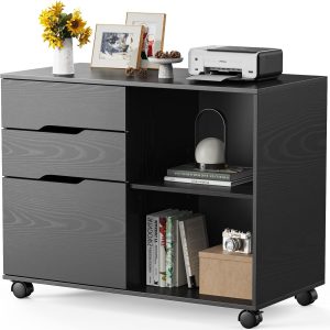 Sweetcrispy 3-Drawer File Cabinet, Lateral Mobile Filing Cabinet Wood Storage Organizer with Wheels, Printer Stand & Open Shelves for Home Office Under Desk Organization - Black
