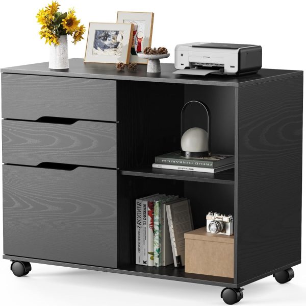 Sweetcrispy 3-Drawer File Cabinet, Lateral Mobile Filing Cabinet Wood Storage Organizer with Wheels, Printer Stand & Open Shelves for Home Office Under Desk Organization - Black