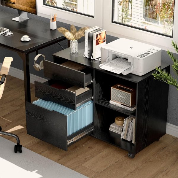 Sweetcrispy 3-Drawer File Cabinet, Lateral Mobile Filing Cabinet Wood Storage Organizer with Wheels, Printer Stand & Open Shelves for Home Office Under Desk Organization - Black - Image 2