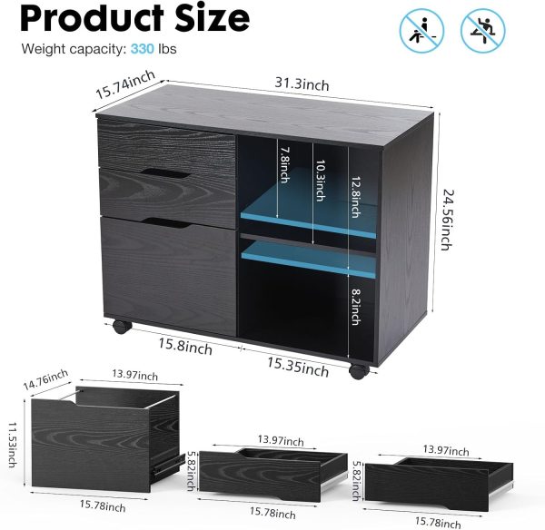 Sweetcrispy 3-Drawer File Cabinet, Lateral Mobile Filing Cabinet Wood Storage Organizer with Wheels, Printer Stand & Open Shelves for Home Office Under Desk Organization - Black - Image 3