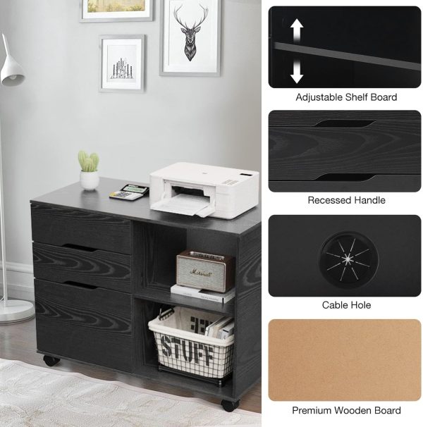 Sweetcrispy 3-Drawer File Cabinet, Lateral Mobile Filing Cabinet Wood Storage Organizer with Wheels, Printer Stand & Open Shelves for Home Office Under Desk Organization - Black - Image 4