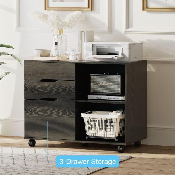 Sweetcrispy 3-Drawer File Cabinet, Lateral Mobile Filing Cabinet Wood Storage Organizer with Wheels, Printer Stand & Open Shelves for Home Office Under Desk Organization - Black - Image 6