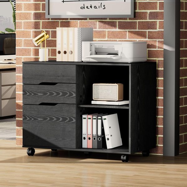 Sweetcrispy 3-Drawer File Cabinet, Lateral Mobile Filing Cabinet Wood Storage Organizer with Wheels, Printer Stand & Open Shelves for Home Office Under Desk Organization - Black - Image 7